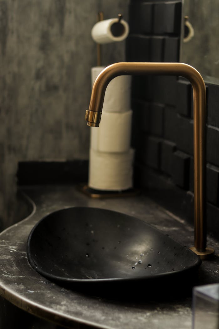 services-03 A modern bathroom sink with a sleek black basin and brass faucet, complemented by a stylish interior design.